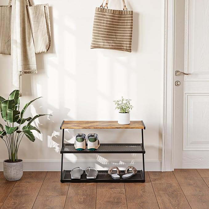 Z-Frame Shoe Rack with Wooden Top & Metal Mesh Shelves - Space-Saving Storage for Hallway, Living Room, Closet & Bedroom (24.41" x 11.02" x 16.14")