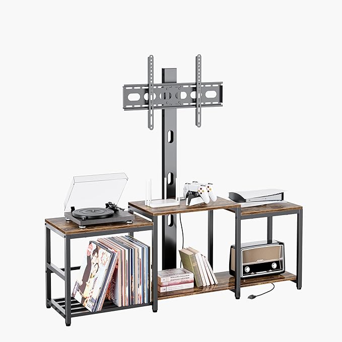 Aquzee TV Stand with Mount for up to 75 inch with Power Outlet, 58”W Wood Entertainment Center with Record Player Storage for 50 55 60 65 70 75 inch TV, Height Adjust Swivel Mounted Television Stand