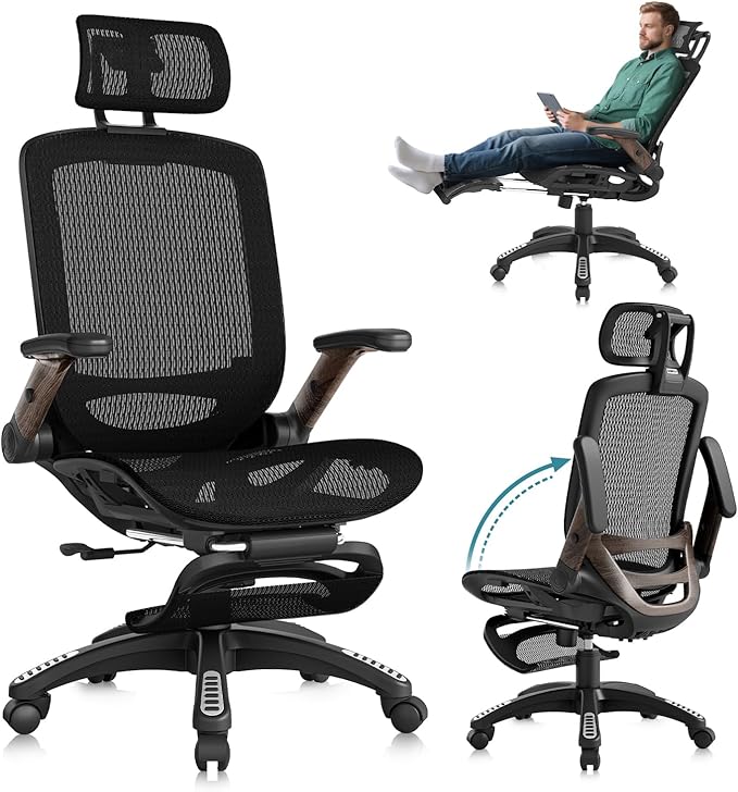 GABRYLLY Ergonomic Office Chair with Footrest, High Back Mesh Computer Chair with Flip-Up Arm, 3D Headrest, 135° Reclining, Rolling Gaming Task Chair with Wide Seat Lumbar Support,400LBS