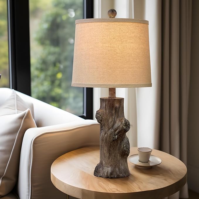 OYEARS 23"Resin Table Lamps for Living Room Set of 2 Country Cottage Farmhouse Lamp for Bedroom Tree Trunk Wood Grain with Oatmeal Fabric Round Shade Vintage Rustic Traditional Nightstand Bedside Lamp