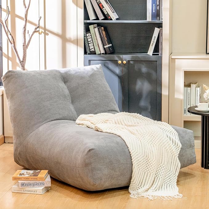 Bean Bag Chairs for Adults, Memory Foam Bean Bag Chair, Spacious Single Sofa, Ergonomic Support Reading Floor Sofa Chair with Filler, Comfy Cozy Beanbag Couch for Bedroom Living Room (Grey)