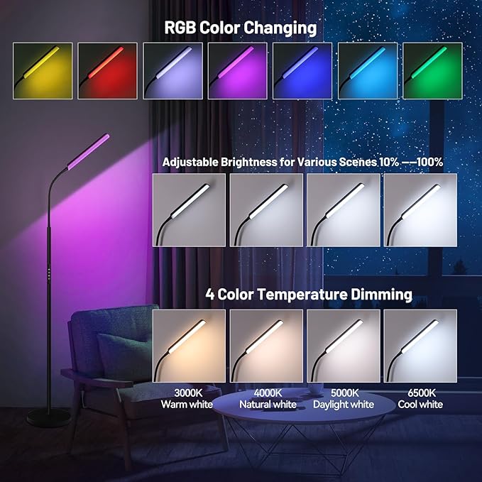 Dimunt LED Floor Lamp, 15W Super Bright RGB Corner Lamp, 3000K-6500K 4 Color Temps Dimmable Floor Lamp, Remote & Touch Control, 1 Hour Timer, Adjustable Gooseneck Standing Lamp for Living Room Home