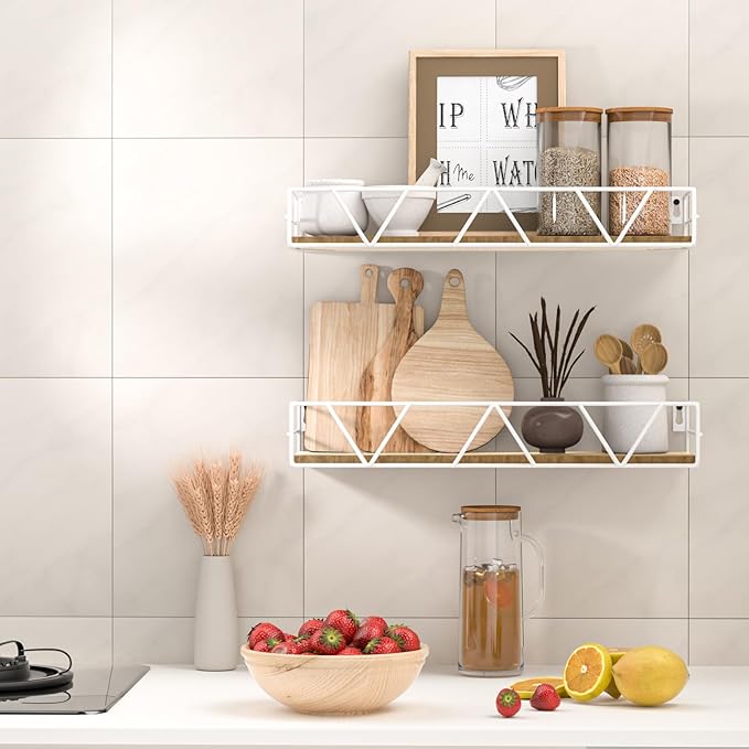 Floating Shelves Set of 3, Home Wood Wall Shelf, Farmhouse Shelf for Bedroom, Wall Mounted Floating Shelf for Living Room, Bedroom, Bathroom, Kitchen, Office (White)