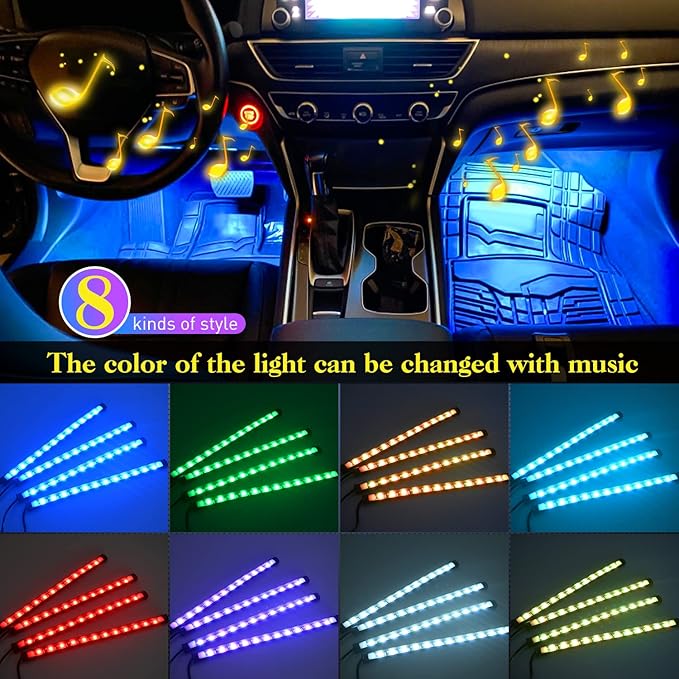 Nilight 48 LEDs DC 5V Multicolor Music Car Strip Light Under Dash Lighting Kit with Sound Active Function and Wireless Remote Control, 2 Years Warranty, 4PCS USB Interior Lights
