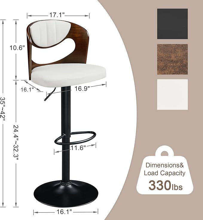 VECELO BarStools Set of 4,Kitchen Island Stools with Bentwood Back,Arm&Footrest,Counter Height Bar Chairs PU Leather Cushion Seat Adjustable Height 360°Swivel,Island Chairs for Club Pub,Creamy White