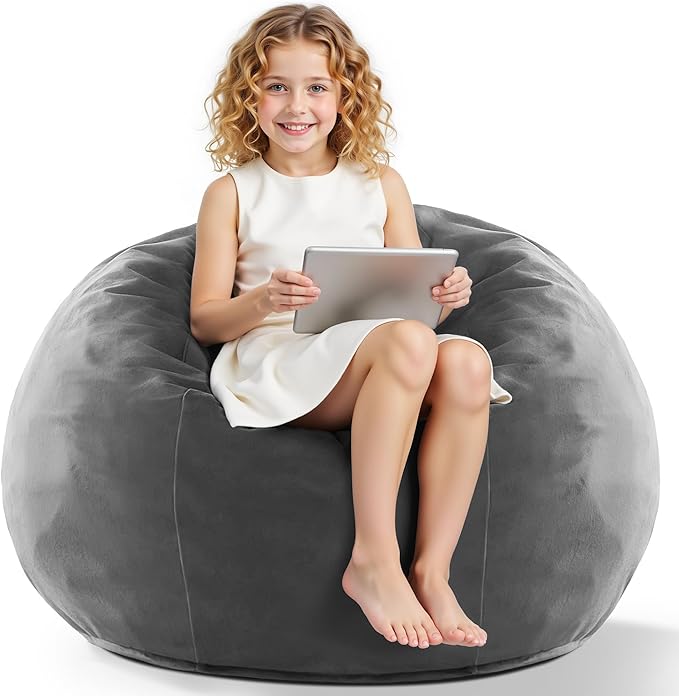 HABUTWAY 2FT Bean Bag Chair, 2' Beanbags Small Bean Bag Chairs with Filling, Teardrop Bean Bag Chair Luxurious Velvet Ultra Soft Fur with Removable Cover (Grey)