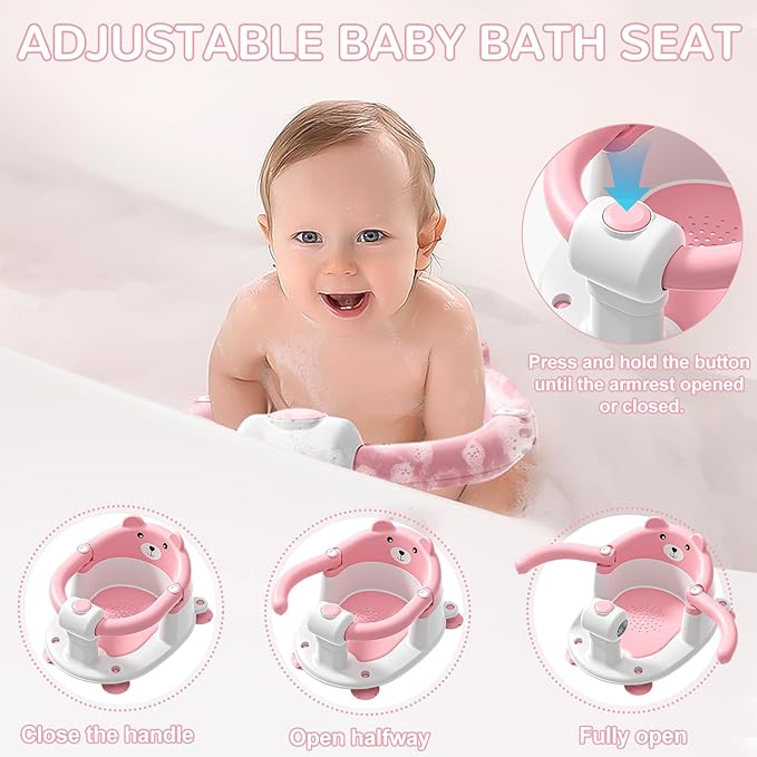 Baby Bath Seat for Babies 6 Months & up, Non-Slip Toddler Bath Seats for Babies Sitting Up, Safe Infant & Newborn Bathtub Chair with 4 Suction Cups & Soft Cushion for Shower,Pink