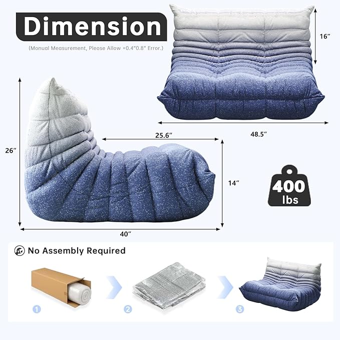 Bean Bag Chairs for Adults, Memory Foam Couch Loveseat Sofa Chair, Soft Teddy Material Cozy Comfy Reading Nook Chairs, Floor Chair for Living Room Bedroom Office(Blue-White)