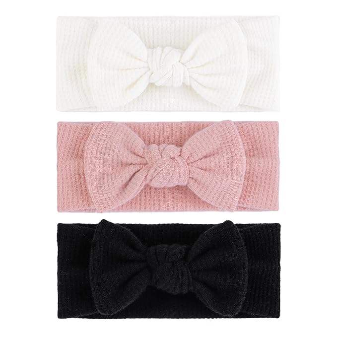3Pcs Baby Girls 4" Hairband with Bows, Soft Headwraps Hair Accessories for Infant Toddler, 1 Count (Pack of 3), Black/White/Pink