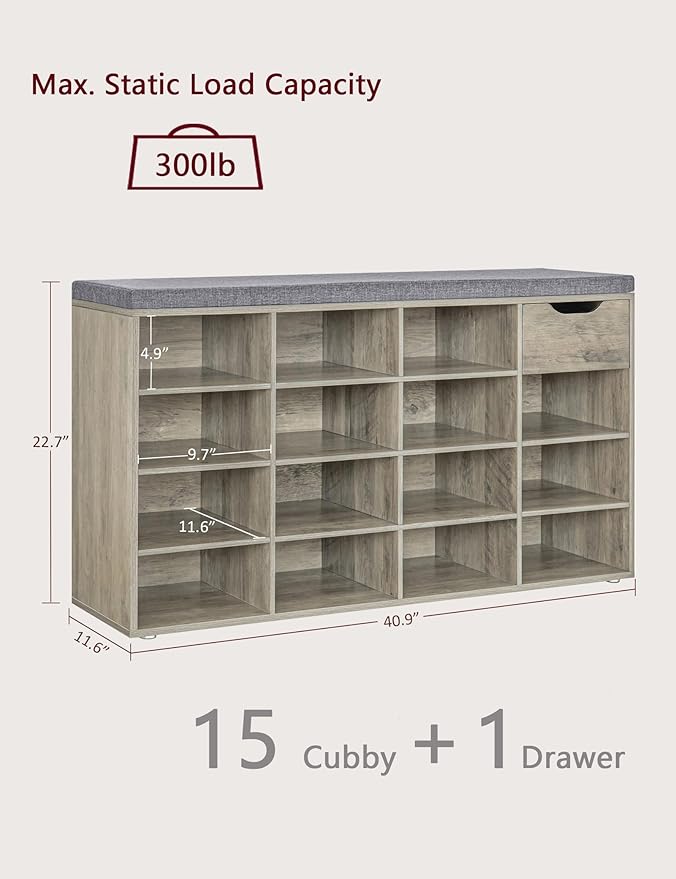 DINZI LVJ Shoe Bench, Entryway Storage Bench with Drawer and 15 Cubbies, Cubby Shoe Rack with Adjustable Shelves, Shoe Organizer Cabinet for Living Room, Bedroom, Mudroom and Garage, Gray Wash