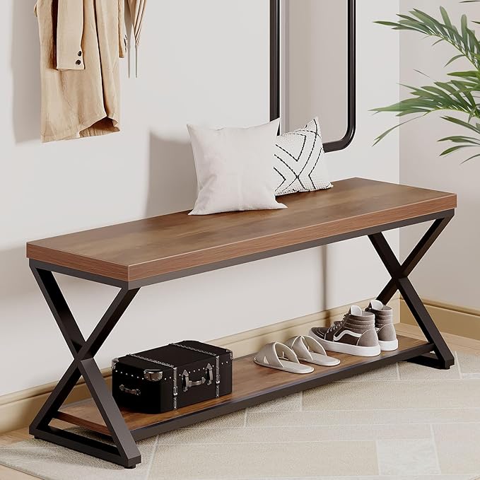IBF Wood Entryway Bench, Wooden and Metal Bedroom Indoor Bench, Industrial Shoe Bench with Storage and Seating, Farmhouse Entry Bench for Foyer Entrance Hallway Living Dining Room, Rustic Oak, 47 Inch