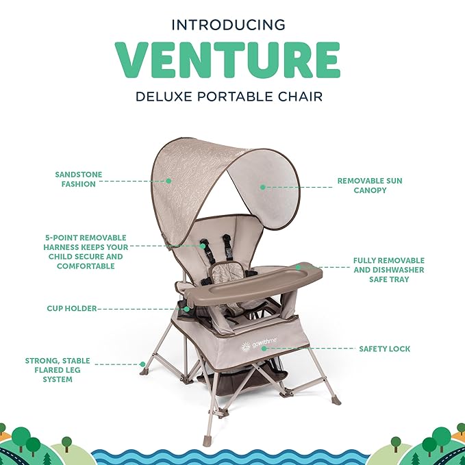 Baby Delight Go with Me Venture Portable Chair | Indoor and Outdoor | Sun Canopy | 3 Child Growth Stages | Sandstone