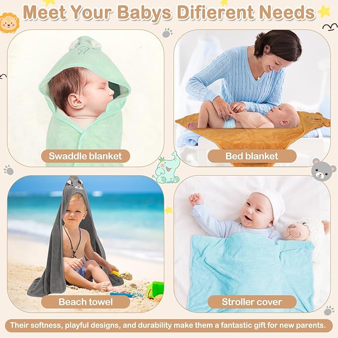 15 Pcs Baby Bath Towels- 5 x Hooded Baby Towels and 10 x Baby Washcloths Set, 32 x 32 Inch Hooded Toddler Towel Bath Blanket Absorbent Hooded for Toddler Infant Newborn Shower Gift for Boys & Girls