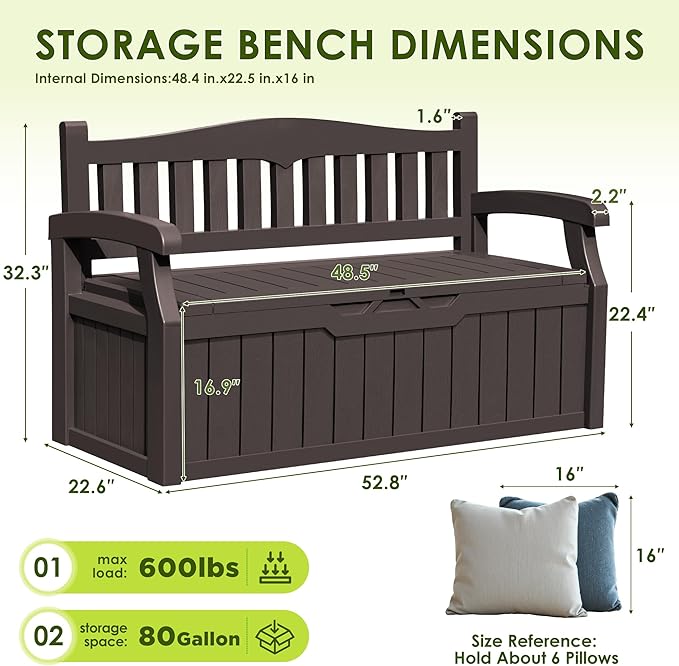 Greesum 80 Gallon Outdoor Storage Bench, Resin Patio Furniture with Armrest,Waterproof and UV-Resistant, Perfect to Garden, Poolside and Lawn, Dark Brown