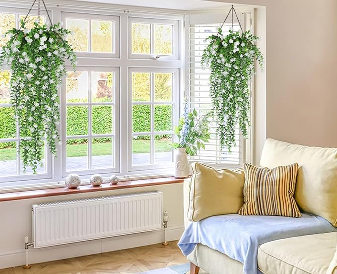 RECUTMS Artificial Hanging Plants Fake Hanging Plant Faux Eucalyptus Leaf Greenery Vine Outdoor UV Resistant Plastic Plants Home Garden Wedding Party Indoor Outdoor Decorations(White)