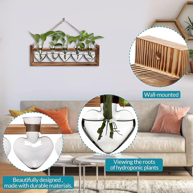 Plant Terrarium Hanging Propagation Stations Gift for Women Air Plants Holder with Wooden Stand Heart Glass