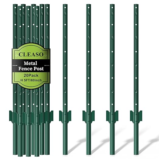 20 Pack Metal Fence Posts, 5ft Heavy Duty U-Post, Green Garden Stakes, No-Dig Post Anchors for Wire Fences, Temporary Fencing, Electric Fence, and Corner Support