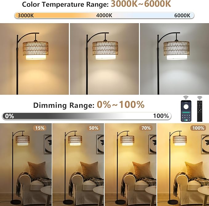 Arc Floor Lamp for Living Room with 3 Color Temperatures, Farmhouse Floor Lamps with Remote & Dimmable Bulb, Boho Standing Lamp with Rattan & Fabric Shades, Adjustable Tall Lamp for Bedroom, Office