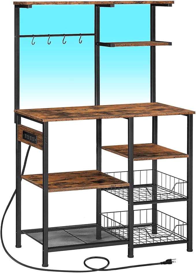 HOOBRO Bakers Rack with Power Outlet and LED Light, 6-Tier Microwave Stand with Wire Baskets, Coffee Bar Station, Kitchen Utility Storage Shelf with 4 Hooks, Rustic Brown and Black BF64UDHB01