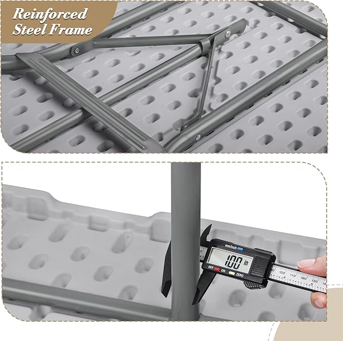 Athena Collection 8 ft Square Folding Dining Table, Large Plastic Foldable Table Portable with Carry Handle, Heavy Duty Fold-in-Half Utility for Indoor Outdoor Party Camping Picnic, Grey