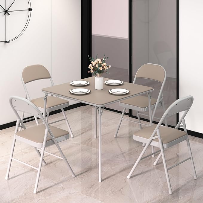 VECELO Portable Folding Card Table Square and Chair Set (5pc) with Collapsible Legs & Vinyl Upholstery, Metal, Beige