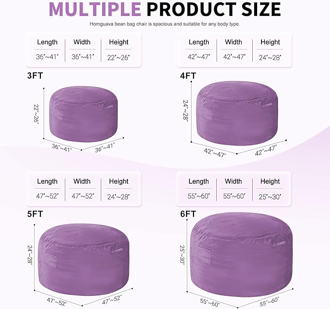 Homguava 3FT Bean Bag Chair: 3' Bean Bags with Memory Foam Filled, Large Beanbag Chairs Soft Sofa with Dutch Velvet Cover-Purple