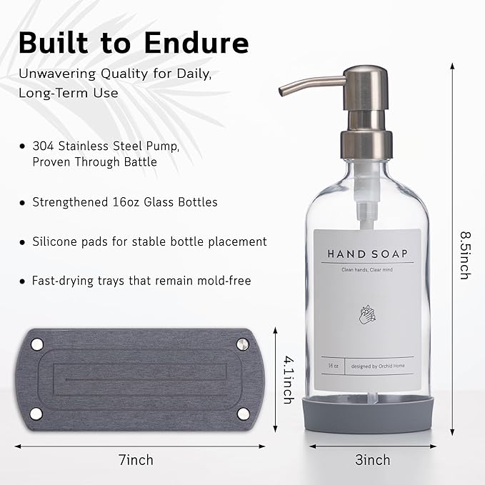 [Luxury] Kitchen Soap Dispenser Set - 16OZ Clear Glass Bottle, Stainless Steel Pump, Instant Dry Tray, Waterproof Labels, Non-Slip Silicone Pad, and Dish Brush | Upgrade for Your Kitchen and Bathroom
