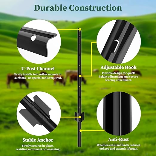 10 Pack Metal Fence Posts, 4ft Heavy Duty U-Post, Black Garden Stakes, No-Dig Post Anchors for Wire Fences, Temporary Fencing, Electric Fence, and Corner Support
