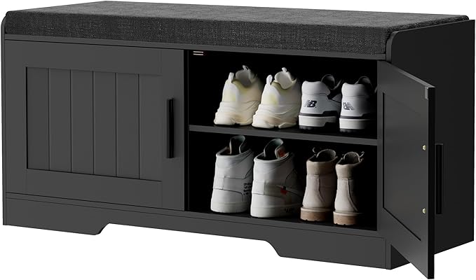 2-Tier Storage Bench, Shoe Bench with Thickened Padded Seat Cushion, Entryway Bench with 2 Doors, Adjustable Shelf, 13.8" D x 37.4" W x 18.5" H, for Entryway, Living Room, Bedroom, Black