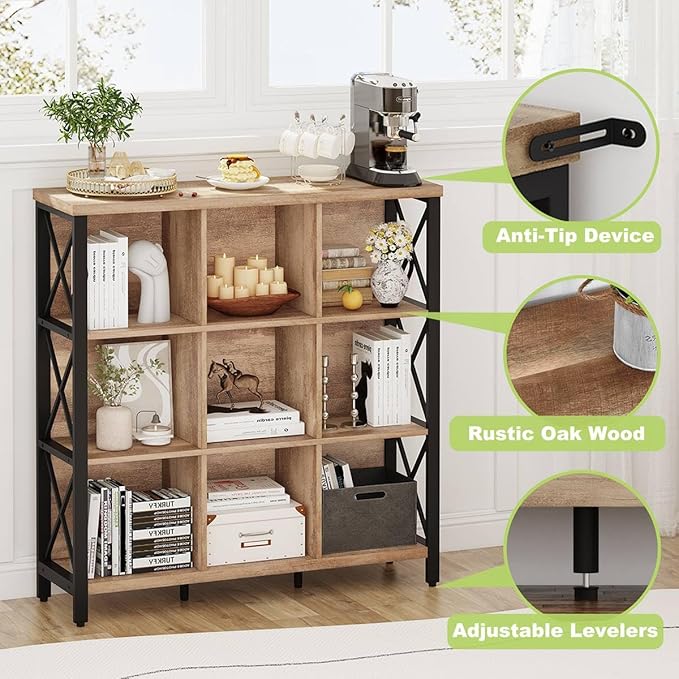 FATORRI 9 Cube Storage Bookshelf, 4 Shelf Book Shelf, Farmhouse Wood and Metal Cubby Bookcase for Home Office Kitchen (39.37 Inch W, Rustic Oak)
