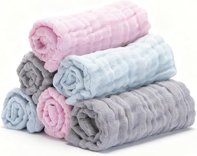 Organic Muslin Baby Washcloths 6 Pack Baby Bath Face Towel 12x12 Inch Extra Absorbent and Soft Burp Cloth and Wash Cloths for Newborn-Infants On Sensitive Skin (Pink Grey Blue)