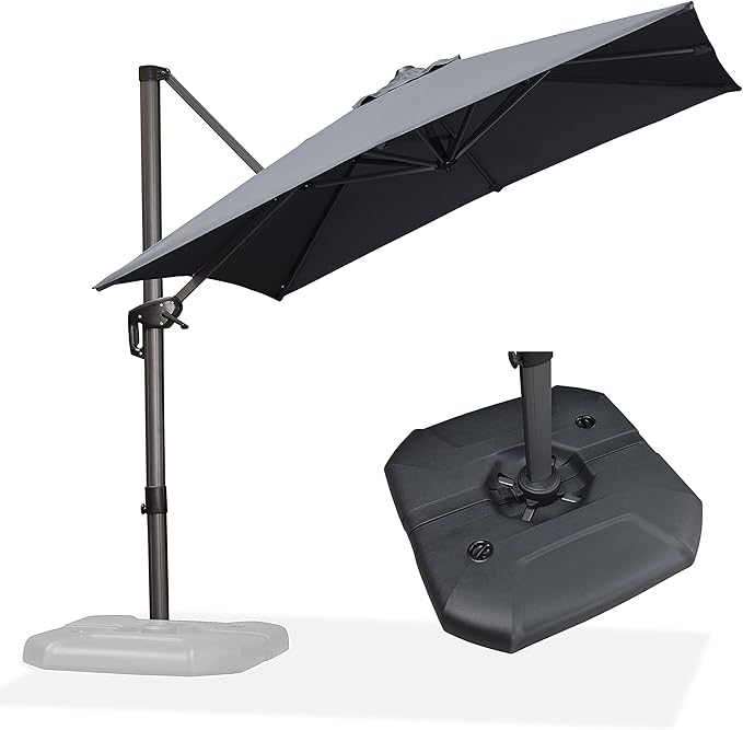 PURPLE LEAF 8 Feet Square Cantilever Umbrella Patio Umbrella with Base Outdoor Umbrella Aluminum Offset with 360-degree Rotation for Garden Deck Pool Patio, Grey