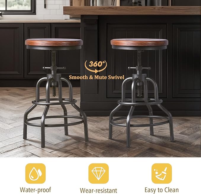 LOKKHAN Vintage Industrial Bar Stool-Rustic Swivel Barstools-Round Wood Metal Base-Kitchen Counter Height Adjustable Pipe Stool-Cast Steel Chairs 20-27 Inch (Set of 2)