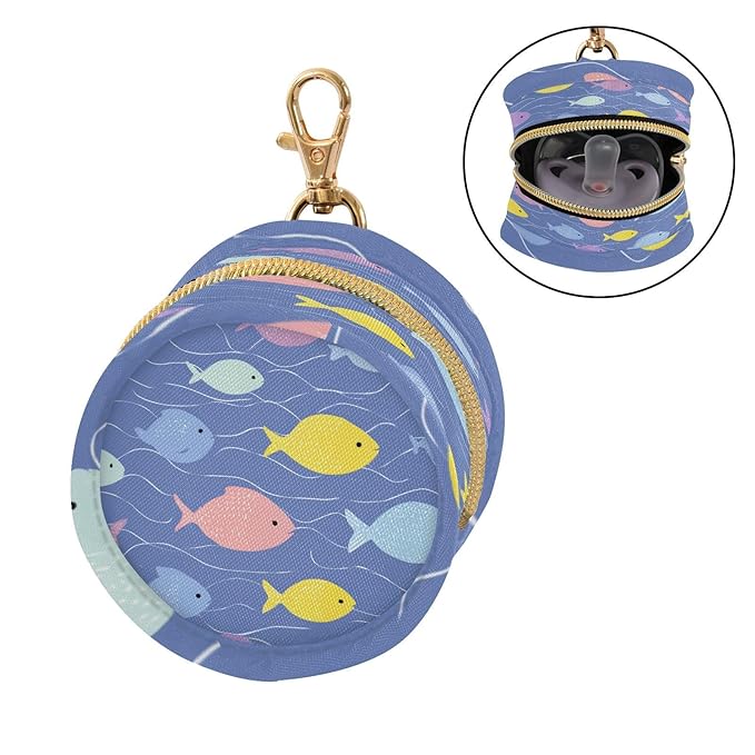 Pacifier Holder with Clip Pacifier Case for Diaper Bag Round Baby Pacifier Pouch Box Bag Portable Blue Fishes and Water Ripple
