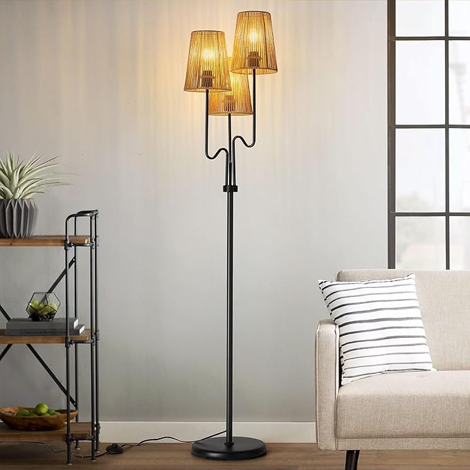 Boho Floor Lamp, 68in. Rattan Floor Lamps with Rattan Shade,3 Light Tree Standing Lamp for Bedroom,Nursery,E26 Socket, Living Room Floor Lamp for Rustic,Coastal, Beach or Bohemian Decor (Black)