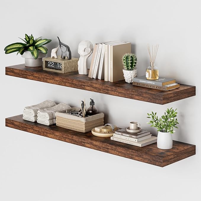 Heimlove 48W x 12D Long Floating Shelf, 12 Inch Deep Floating Shelves for Wall Set of 2, Wood Shelves for Bedroom Living Room Bathroom Kitchen Home Office, Rustic Brown