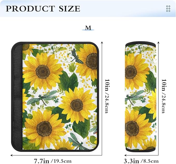 2 Pack Seatbelt Covers Seat Belt Cover Pad for Adults Boys Girls Car Seat Strap Covers Pads Cushion Universal Shoulder Strap Pad Protector for Backpack Camera Bag 6.5 Inch Cute Yellow Sunflowers and D