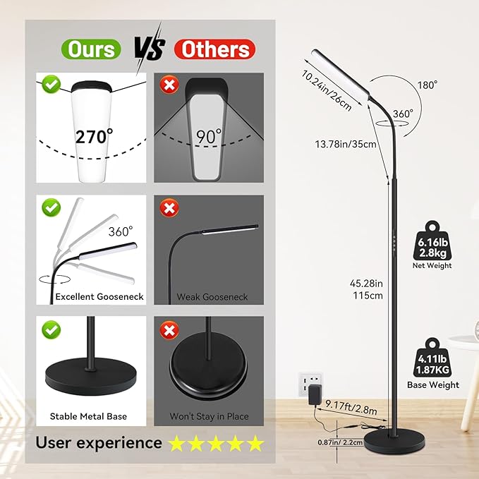 Dimunt LED Floor Lamp, 15W Super Bright RGB Corner Lamp, 3000K-6500K 4 Color Temps Dimmable Floor Lamp, Remote & Touch Control, 1 Hour Timer, Adjustable Gooseneck Standing Lamp for Living Room Home