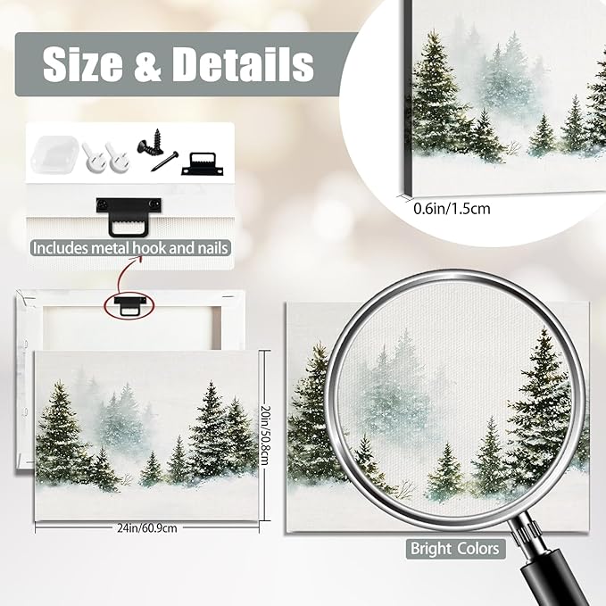 Rustic Pine Tree Christmas Canvas Wall Art - Snowy Winter Forest Landscape Framed Print for Living Room, Vintage Christmas Wall Decor, Cozy Christmas Gifts & Festive Winter Decor