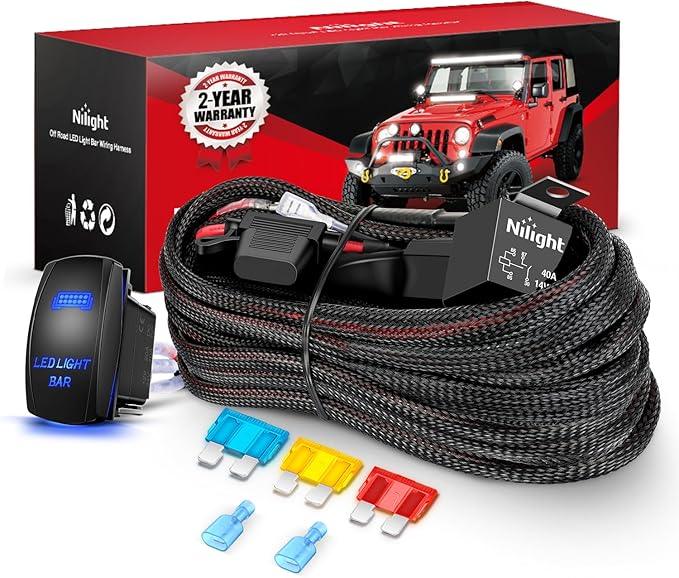 Nilight Wiring Harness Kit Nylon 14 AWG 1 Lead 12V 5Pin Rocker Switch Laser On Off Power Relay Blade Fuse for LED Light Bar Off Road Lights on Cars Jeep Boat Trucks