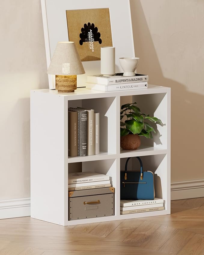 GTPLAYER 4-Cube Storage Organizer, Fits 11" Bins, Vertical or Horizontal Use, Opening Bookshelf, Partial Back Panels, Stackable Design Bookcase, for Desk, Vanity, Entryway, White