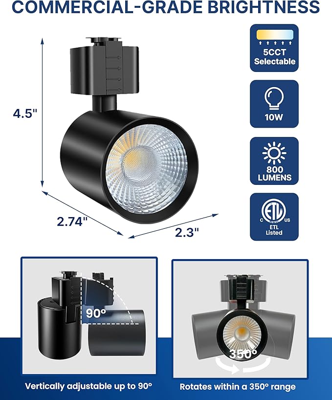FLSNT LED J Track Lighting Heads, 10W (60W Eq.), 5CCT (2700K-5000K), 800LM CRI90 Dimmable Track Light Head, 36°COB Spotlight, J Type Compatible Track Light for Accent Lighting, Black, 6 Pack
