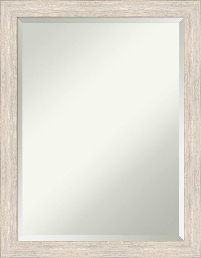 Amanti Art White Bathroom Mirror for Over Sink, 27x21 Hardwood White Wash Narrow Rectangle Vanity Mirror, Medium Rustic Farmhouse Wood Frame, Hangs Horizonally and Vertically, Bathroom Wall Decor