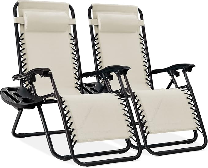 Best Choice Products Set of 2 Adjustable Steel Mesh Zero Gravity Lounge Chair Recliners w/Pillows and Cup Holder Trays - Ivory