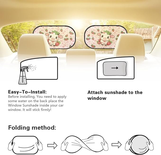 Bulopur 2 Pack Car Window Shades for Side Window UV Protection Cow Print Strawberry Sun Protection and Sun Shade Blocker Car Shades Back Windows Baby Auto Interior Accessories