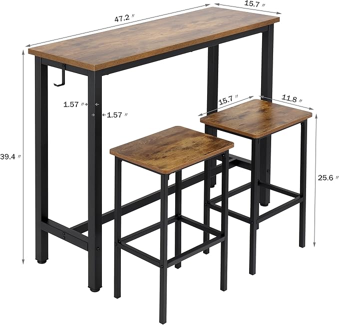 Finnhomy 47" Industrial Bar Table Set with 2 Stools - Counter Height Dining & Pub Table for Small Spaces, Kitchen, Apartment, Breakfast Nook - Metal & Wood, Space-Saving Furniture - Rustic Brown
