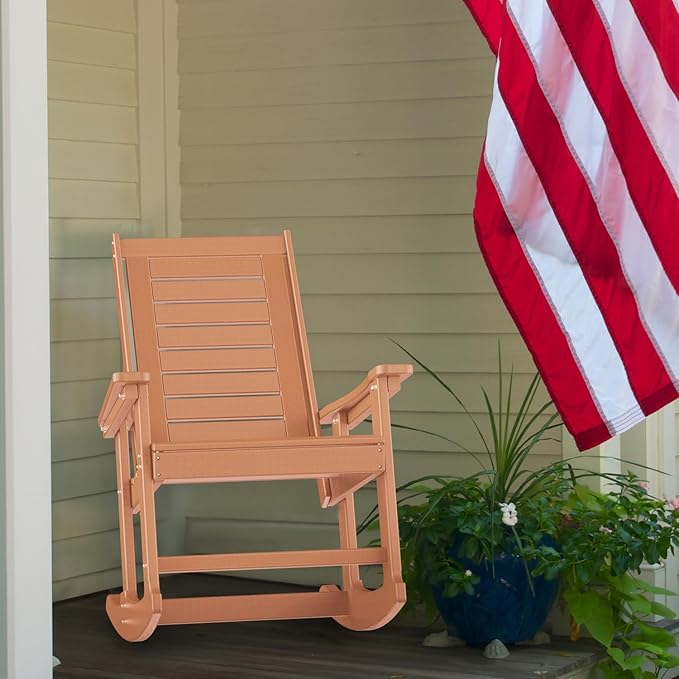 GREENVINES Outdoor Rocking Chairs | Set of 2 | Porch Rocker | HDPE Plastic | Teak | Oversized Rockers | High Back | Big & Tall | Ladder Back | for Patio Outside Backyard Balcony Garden
