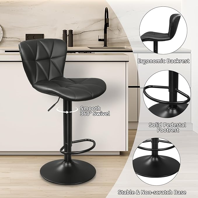 Bar Stools Set of 2, Adjustable Swivel Bar Chairs with Shell Back, PU Leather Counter Height Bar Stools for Kitchen lsland, Black