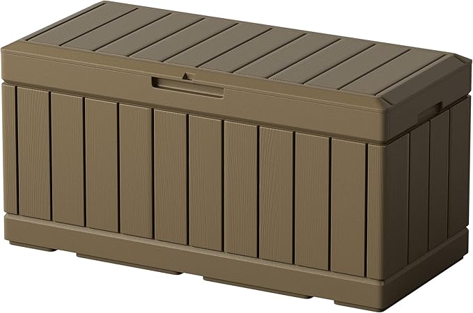 Greesum 82 Gallon Resin Deck Box All Weather Large Outdoor Storage for Patio Furniture, Toys, Garden Tools, Lockable, Brown