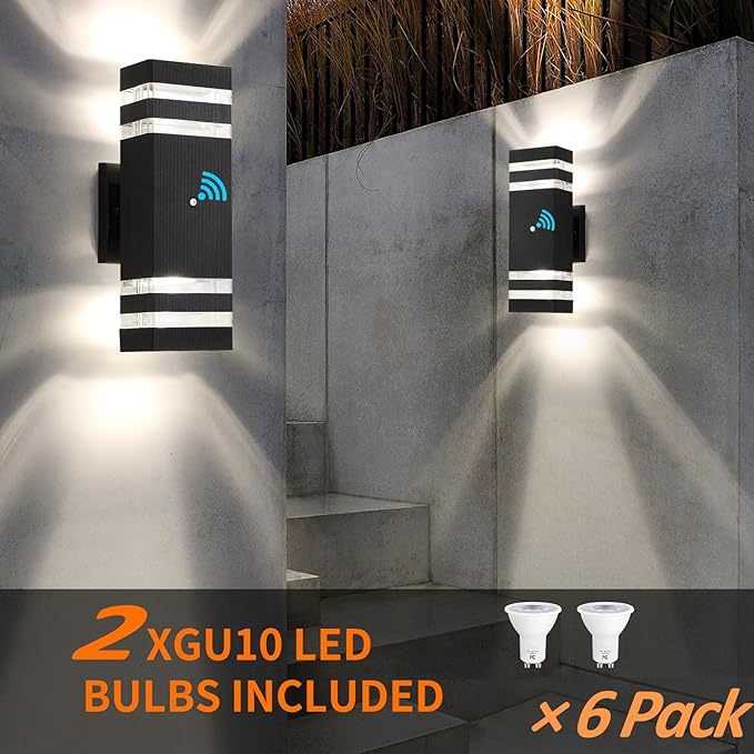 tewei 6 Pack Dusk to Dawn Outdoor Lighting, Modern Black Exterior Light Fixtures 2-Layer Up and Down Outside Wall Lights IP65 Waterproof Outdoor Sconces Lighting for Porch Garage, 3000K
